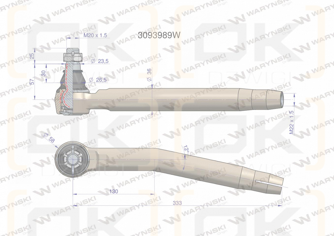 Przegub kierowniczy lewy M22x1.5 F168303100030 WARYŃSKI
