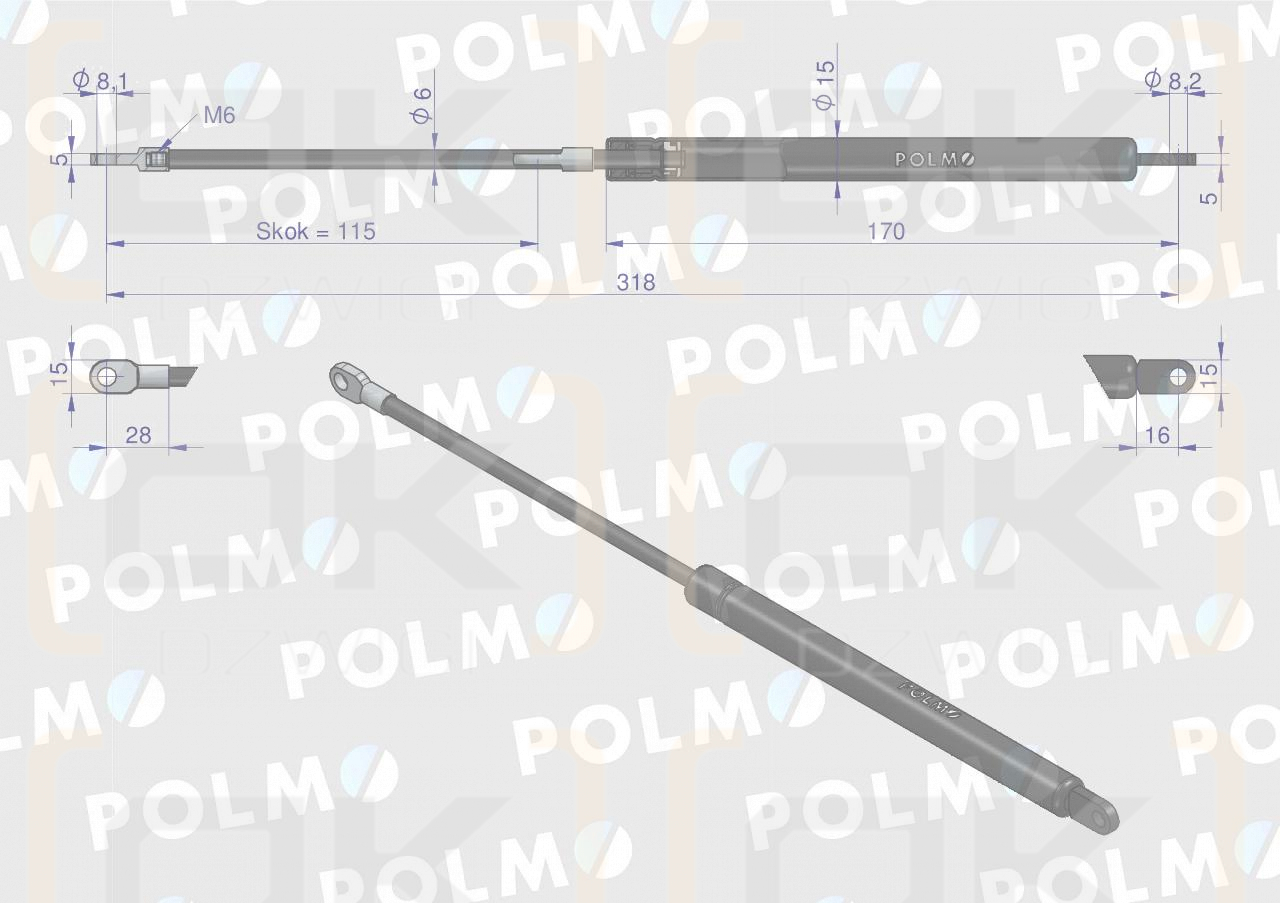 Siłownik drzwi L max. 318mm 65415026 MASSEY FERGUSON POLMO