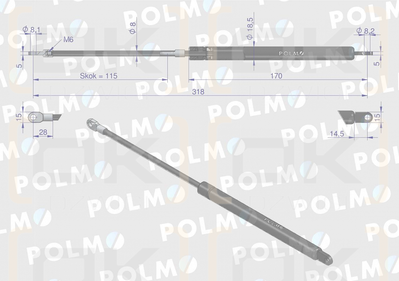 Siłownik drzwi L max. 318mm 3103957M1P MASSEY FERGUSON MAUSER POLMO