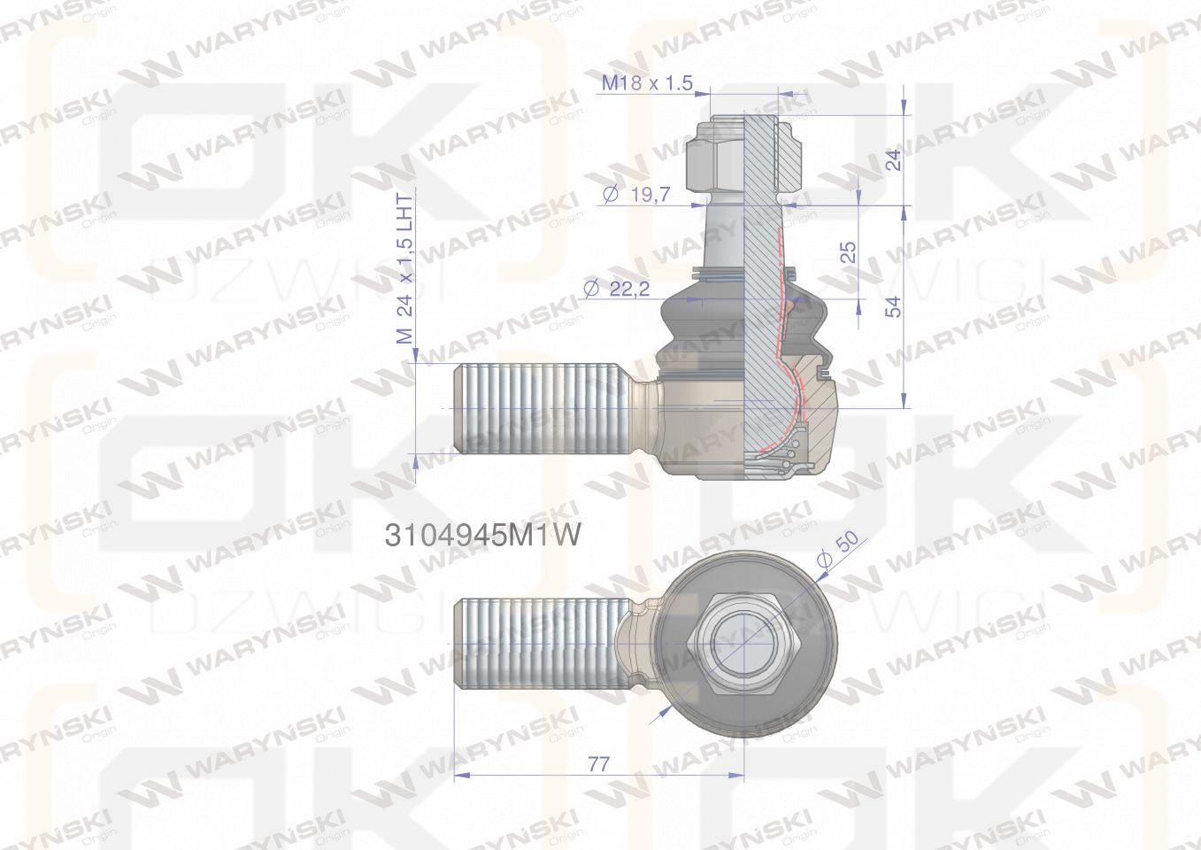 Przegub kierowniczy 24x1.5L 3104945M1 WARYŃSKI