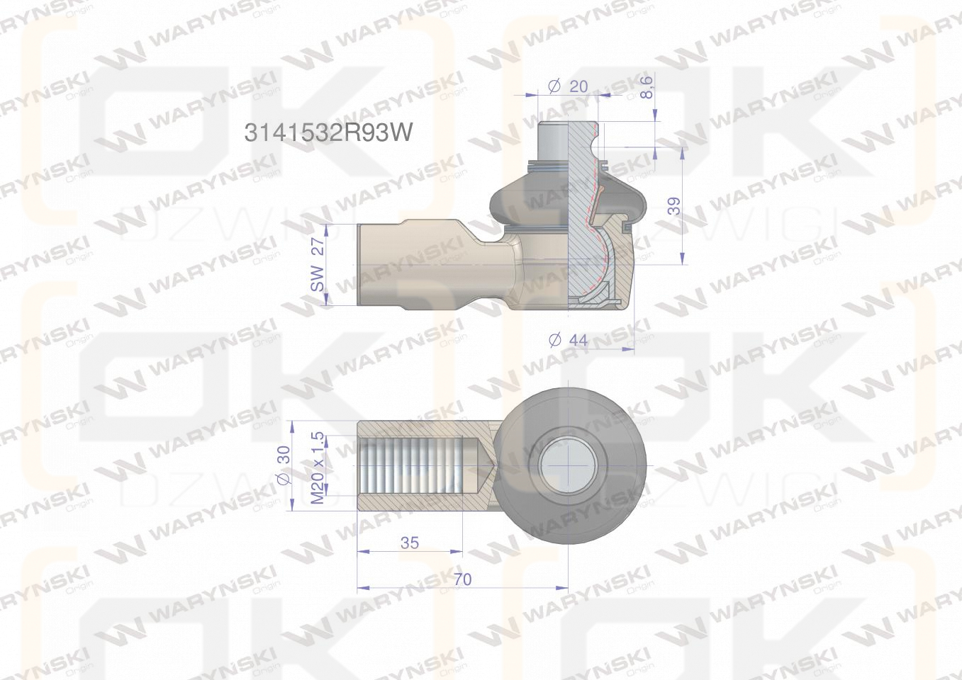 Przegub kierowniczy 70mm- M20x1,5 3141532R93 WARYŃSKI