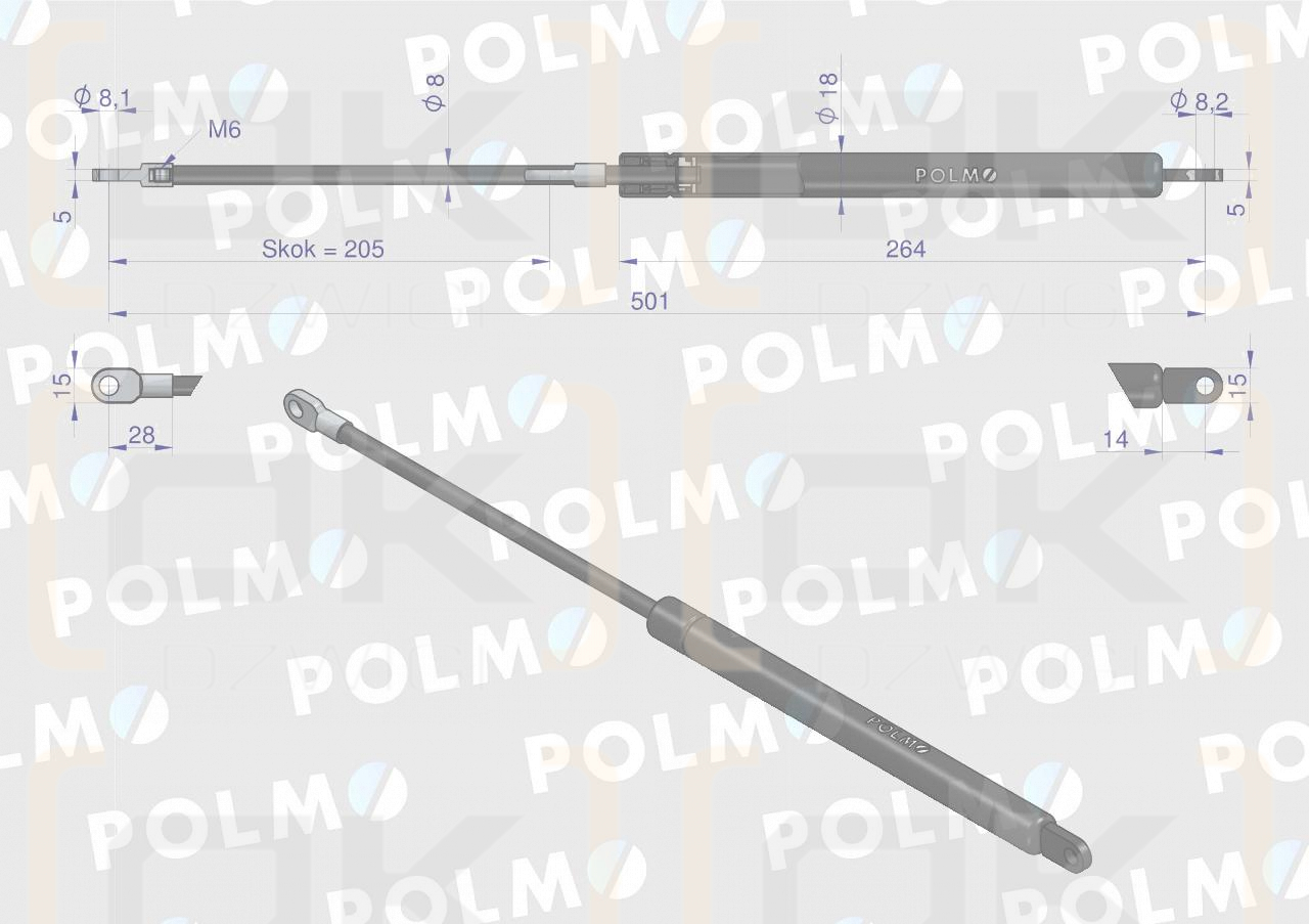 Siłownik szyby tylnej L max. 501mm 3148826R1P CASE IH POLMO