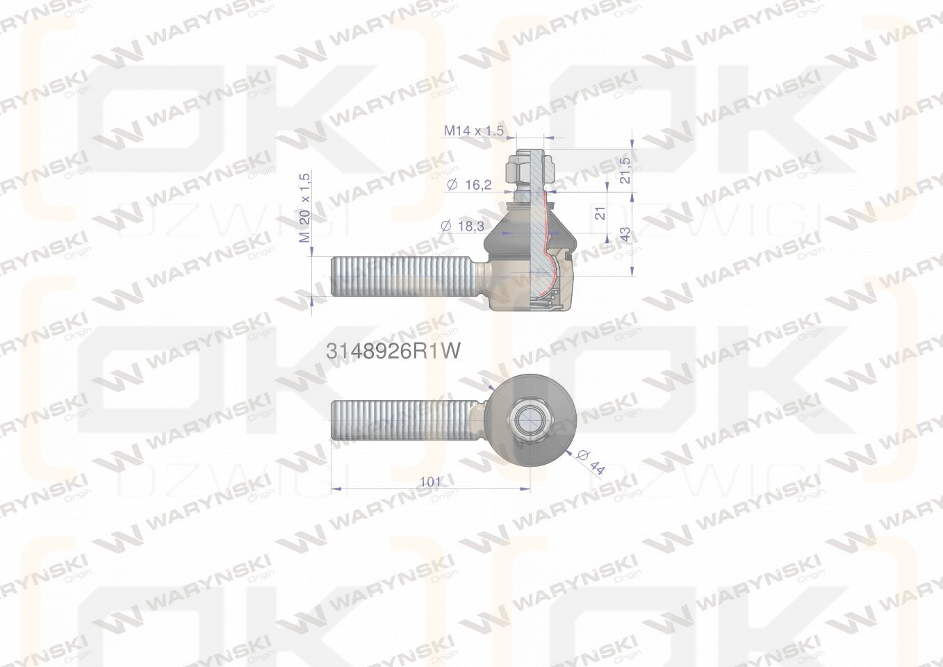 Przegub kierowniczy 101mm- M20x1,5 3148926R1 WARYŃSKI