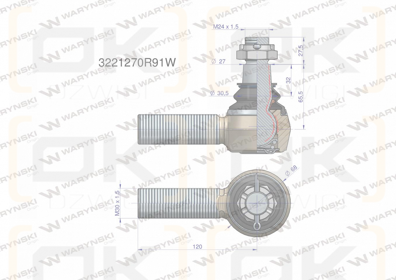 Przegub kierowniczy M30x1.5 3221270R91 WARYŃSKI