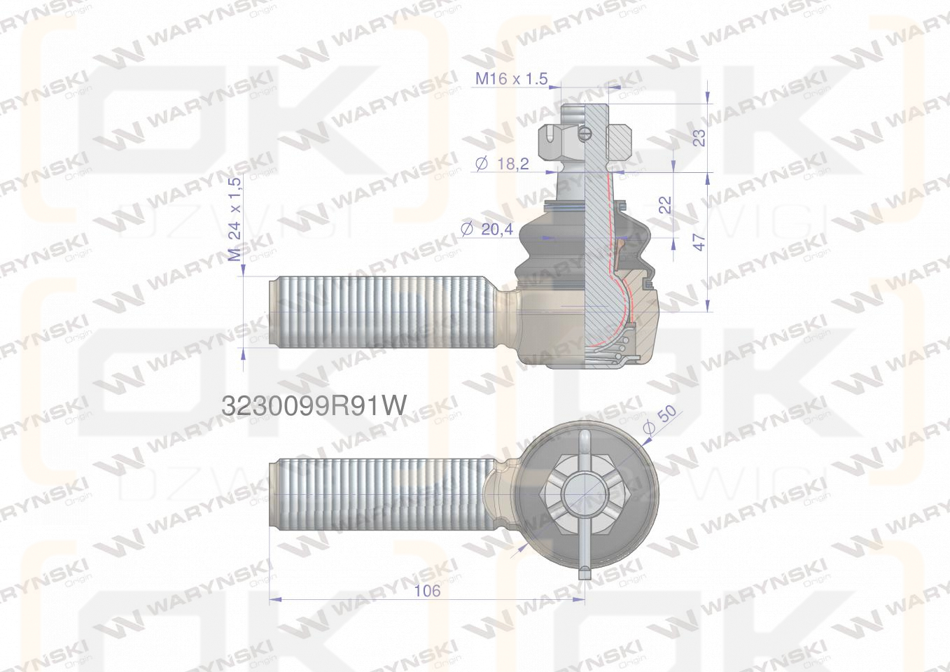 Przegub kierowniczy 106mm - M24x1,5 3230099R91 WARYŃSKI