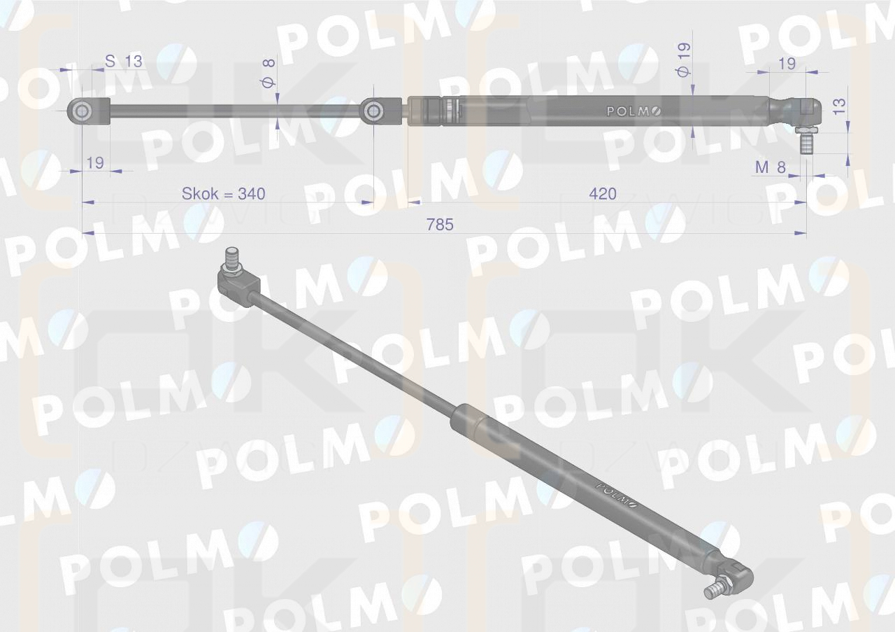 Siłownik tylnej szyby L max. 785mm 3389556M1P MASSEY FERGUSON POLMO
