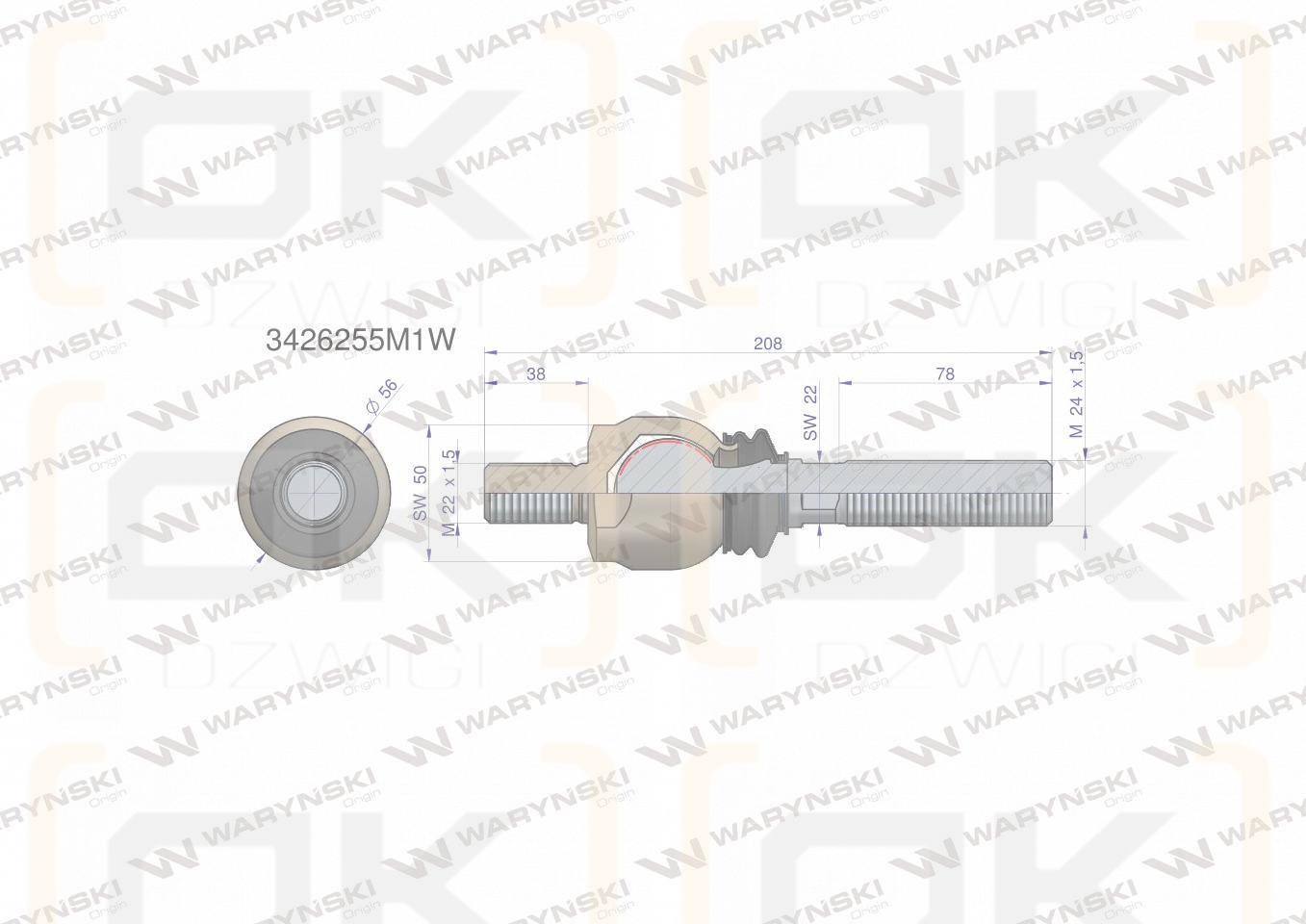 Przegub kierowniczy 208mm- M22x1,5; M24x1,5 3426255M1 WARYŃSKI