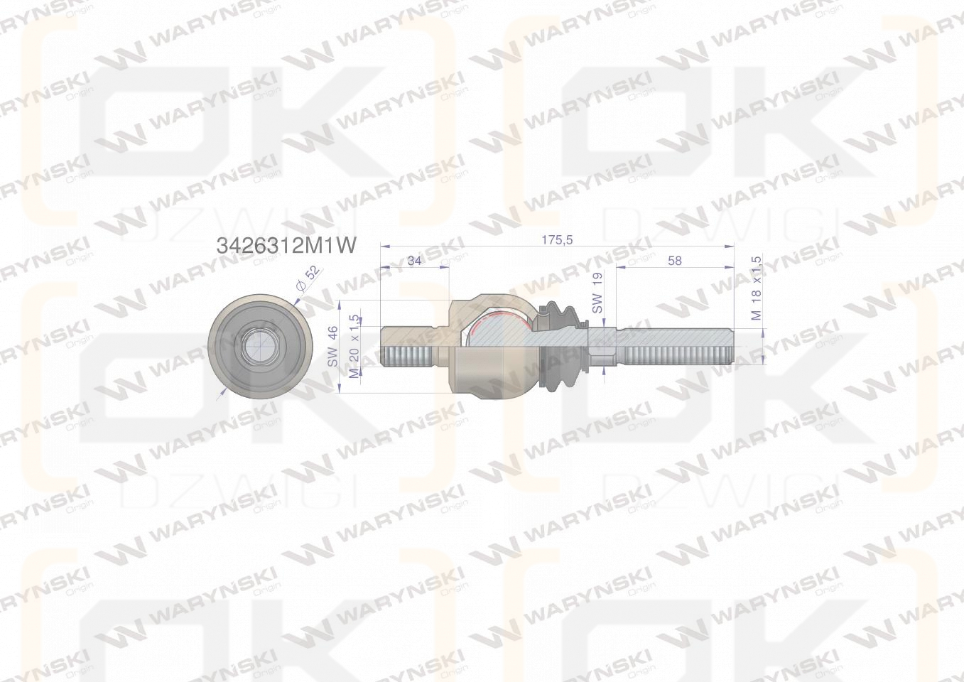 Przegub kierowniczy 175,5mm- M20x1,5; M18x1,5 3426312M1 WARYŃSKI