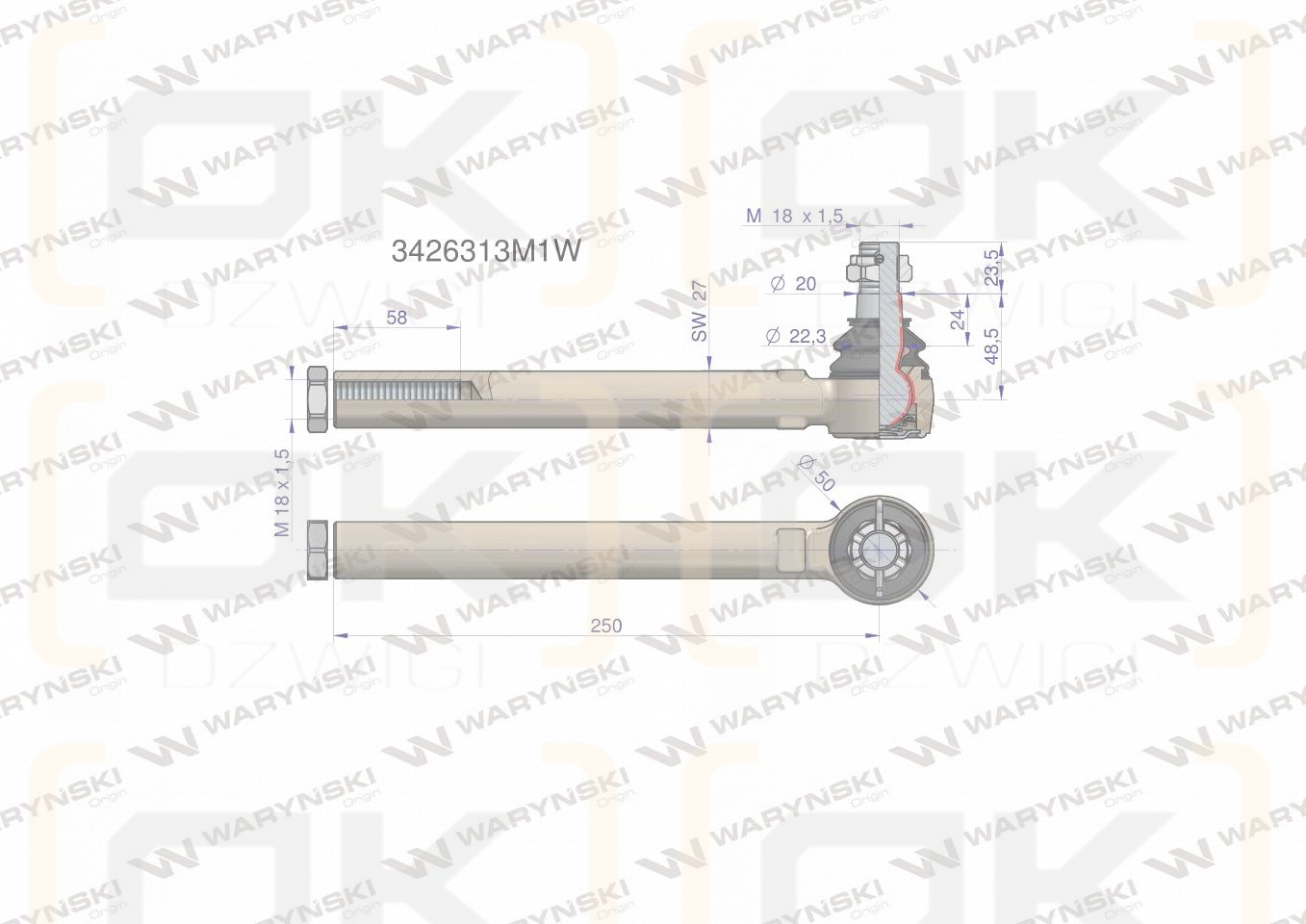Przegub kierowniczy 250mm- M18x1,5 3426313M1 WARYŃSKI