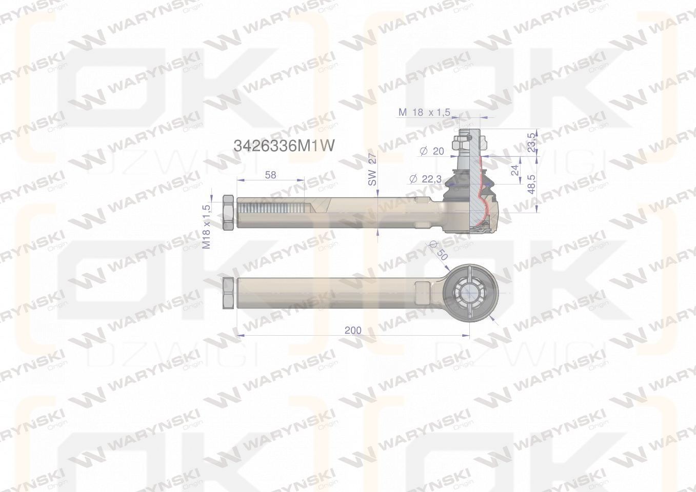 Przegub kierowniczy 200mm- M18x1,5 3426336M1 WARYŃSKI