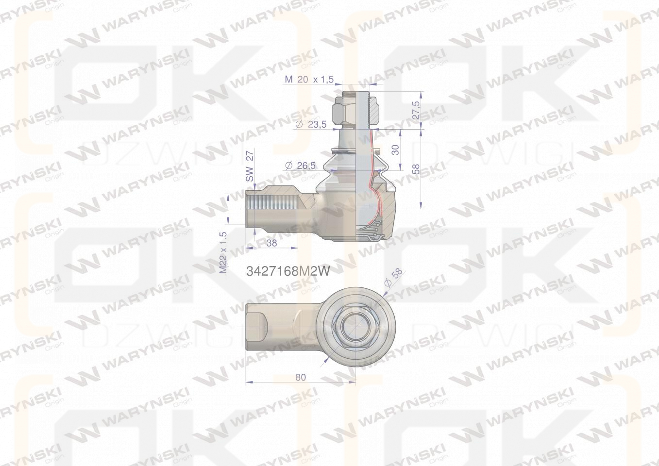 Przegub kierowniczy 80mm- M22x1,5 3427168M2 WARYŃSKI