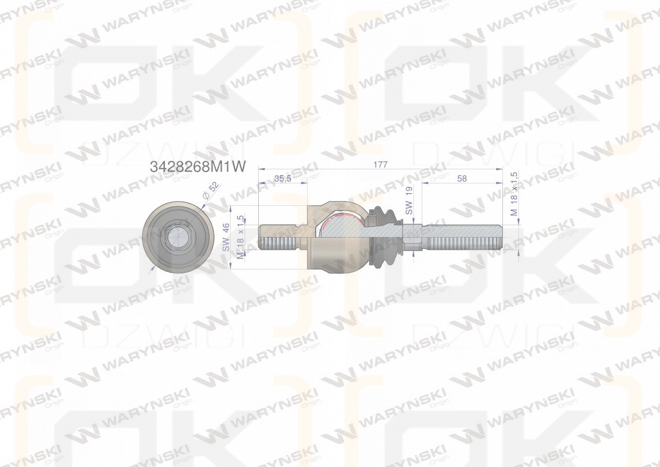 Przegub kierowniczy 177mm- M18x1,5; M18x1,5 3428268M1 Waryński