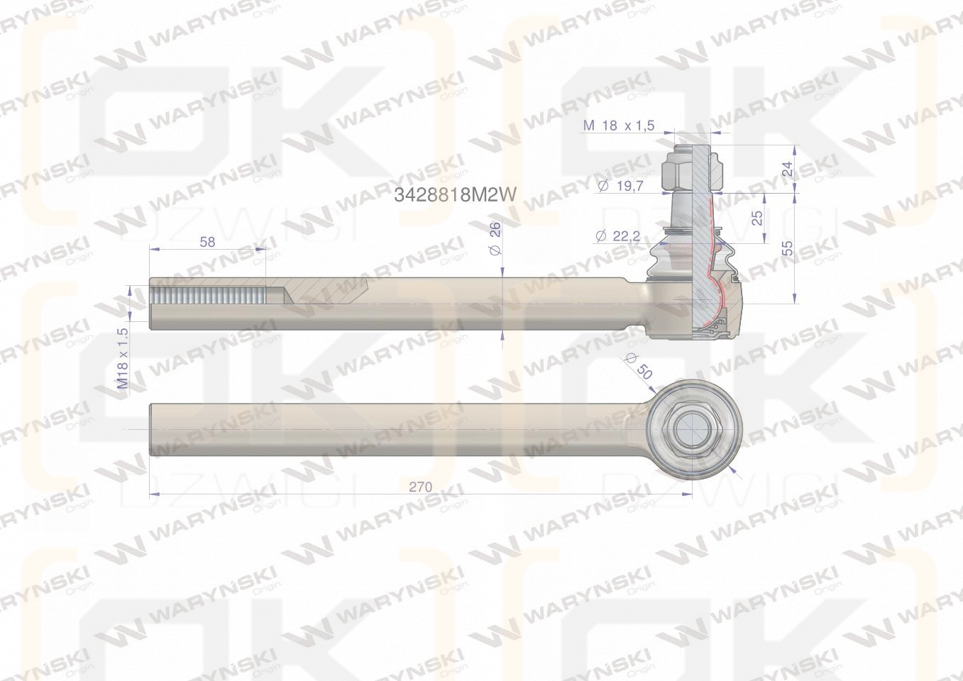 Przegub kierowniczy 270mm- M18x1,5 3428818M2 WARYŃSKI