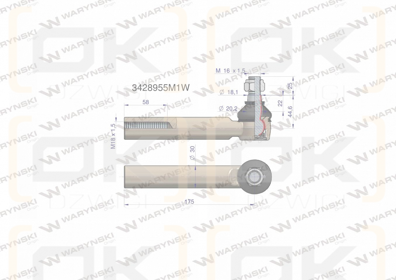 Przegub kierowniczy 175mm- M18x1,5 3428955M1 WARYŃSKI