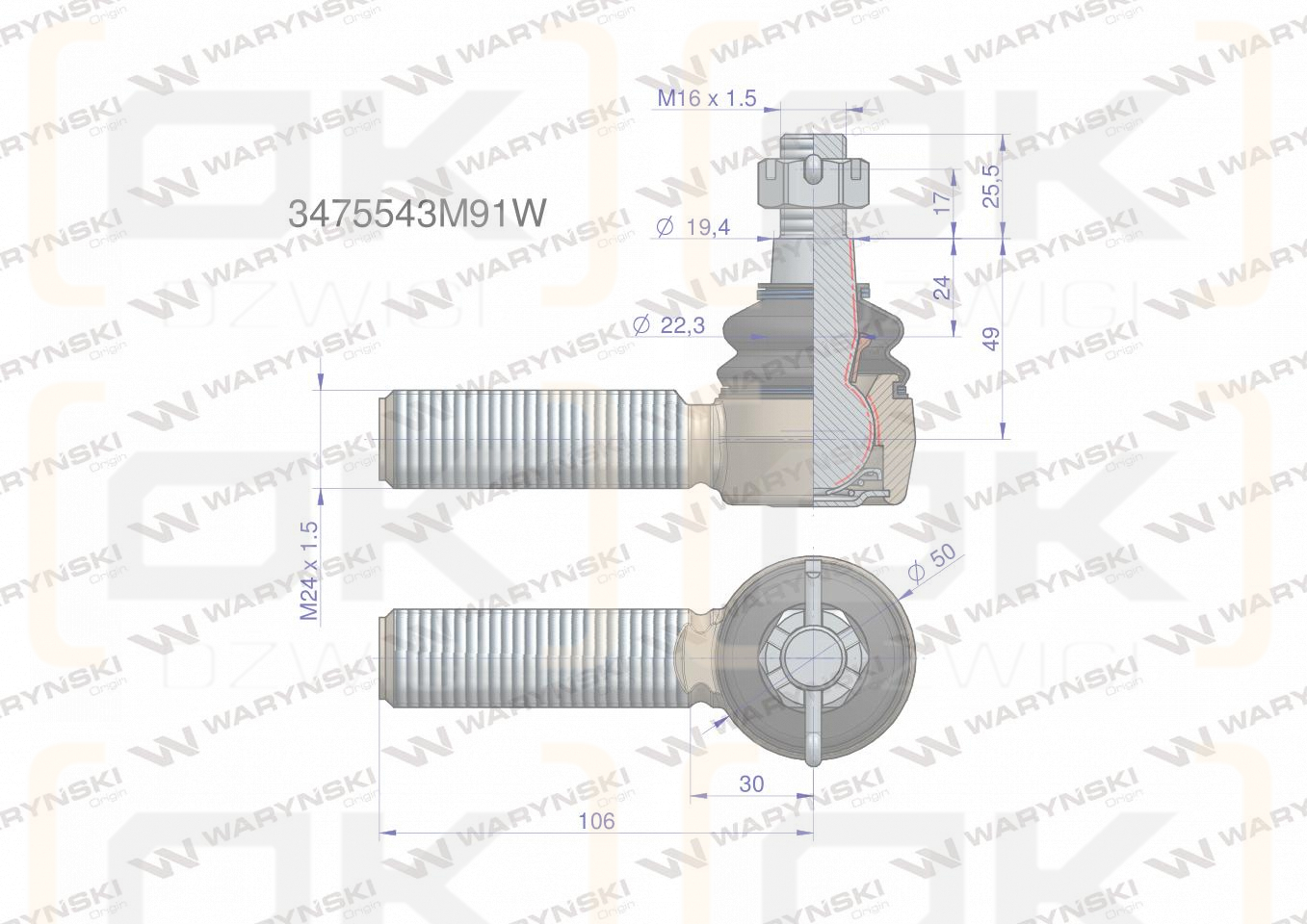 Przegub kierowniczy 106mm - M24x1,5 3475543M91 WARYŃSKI