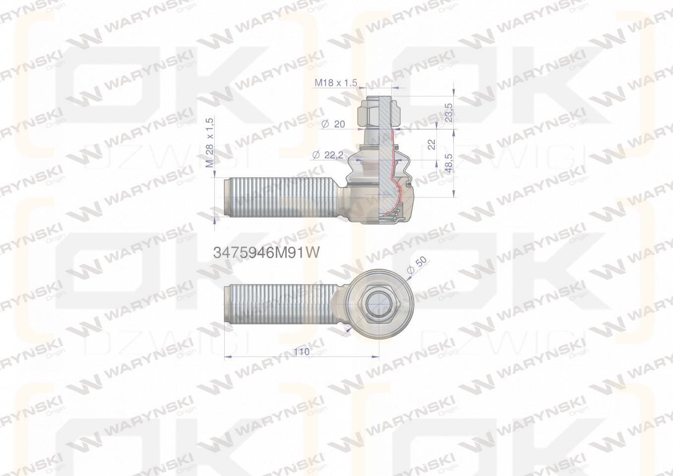 Przegub kierowniczy 110mm- M28x1,5 3475946M91 WARYŃSKI
