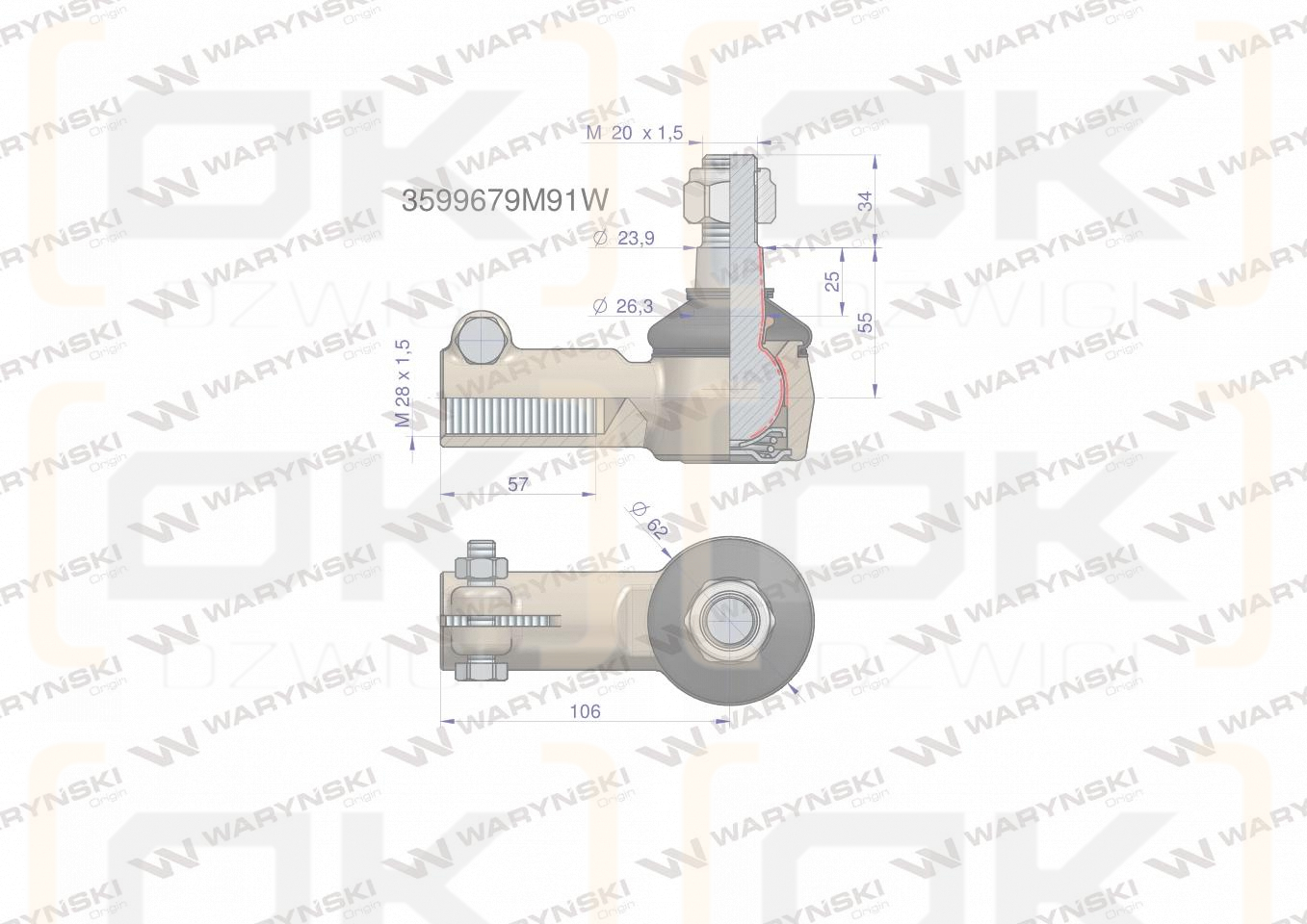 Przegub kierowniczy 106mm- M28x1,5 3599679M91 WARYŃSKI
