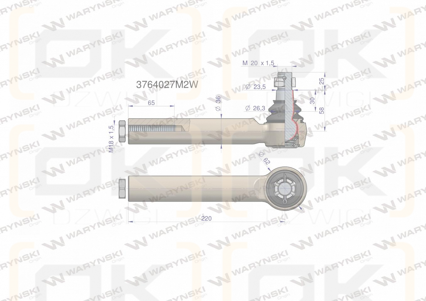 Przegub kierowniczy 220mm- M18x1,5 3764027M2 WARYŃSKI