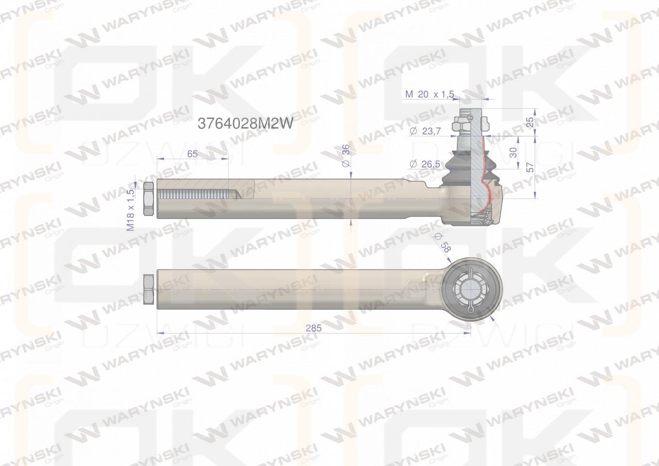 Przegub kierowniczy 285mm- M18x1,5 3764028M2 WARYŃSKI