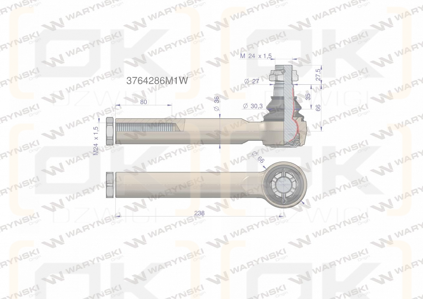 Przegub kierowniczy 238mm- M24x1,5  WARYŃSKI
