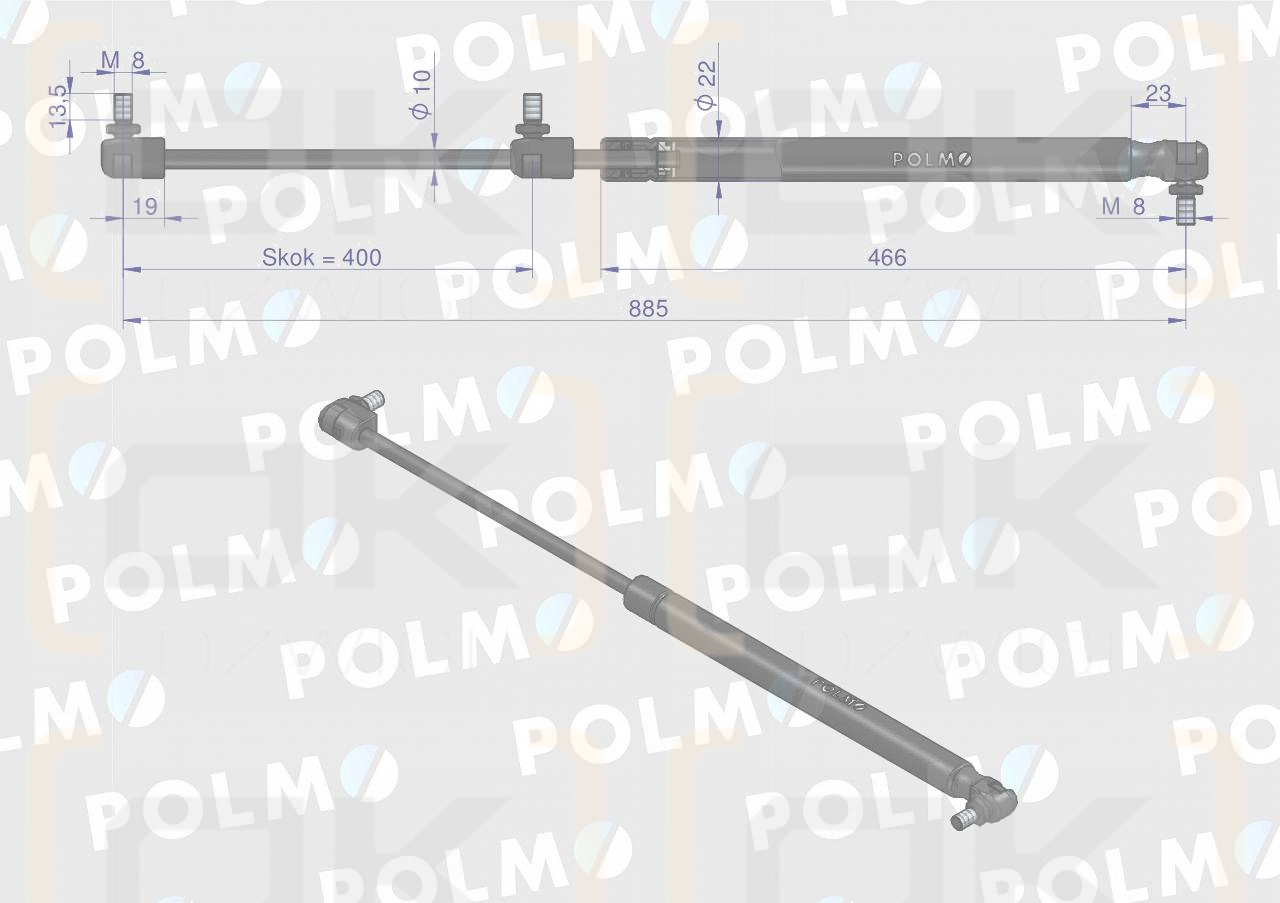 Siłownik maski L max. 885mm 65415045 MASSEY FERGUSON POLMO