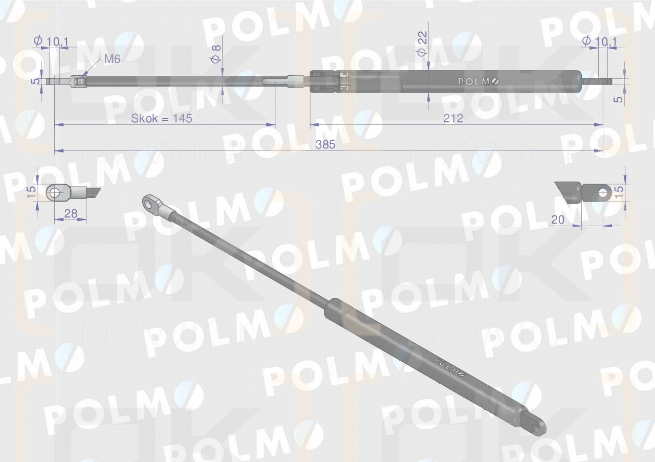 Siłownik maski L max. 385mm 65415046 MASSEY FERGUSON POLMO