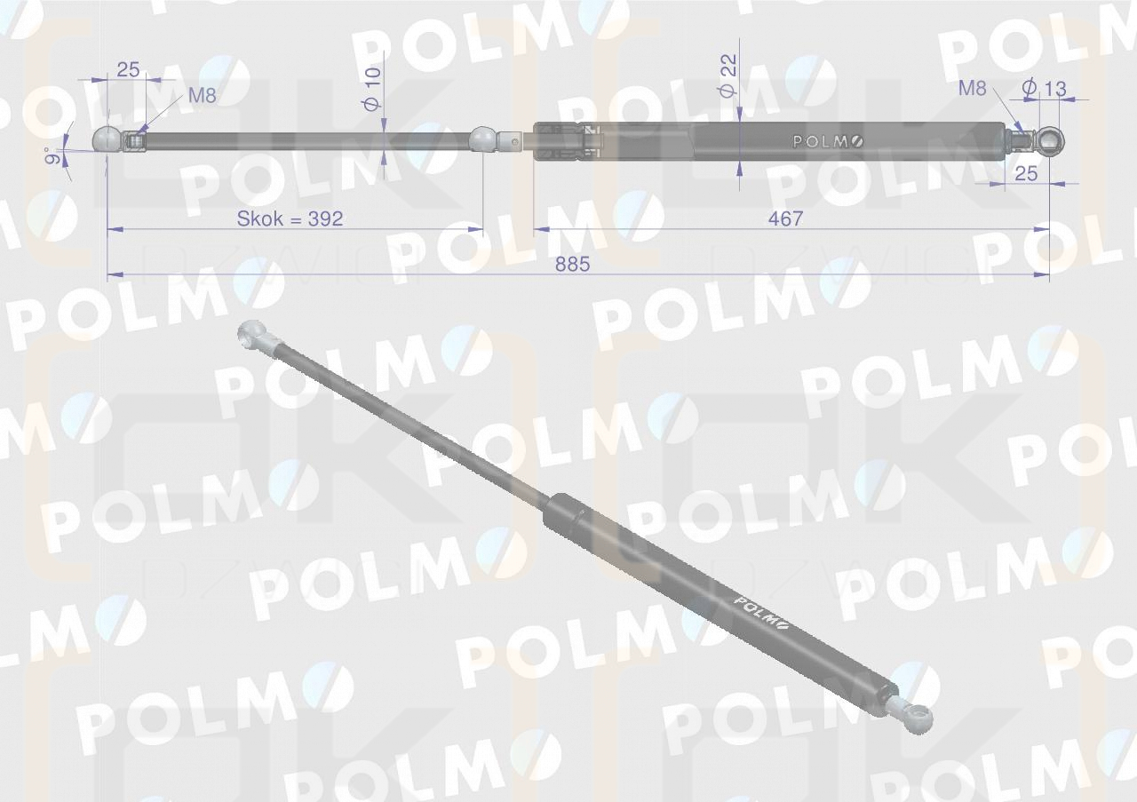 Siłownik maski L max. 885mm 65415047 MASSEY FERGUSON POLMO