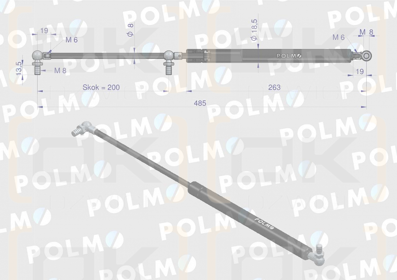 Siłownik szyby przedniej tylnej drzwi L max. 485mm 3804759M1P MASSEY FERGUSON POLMO