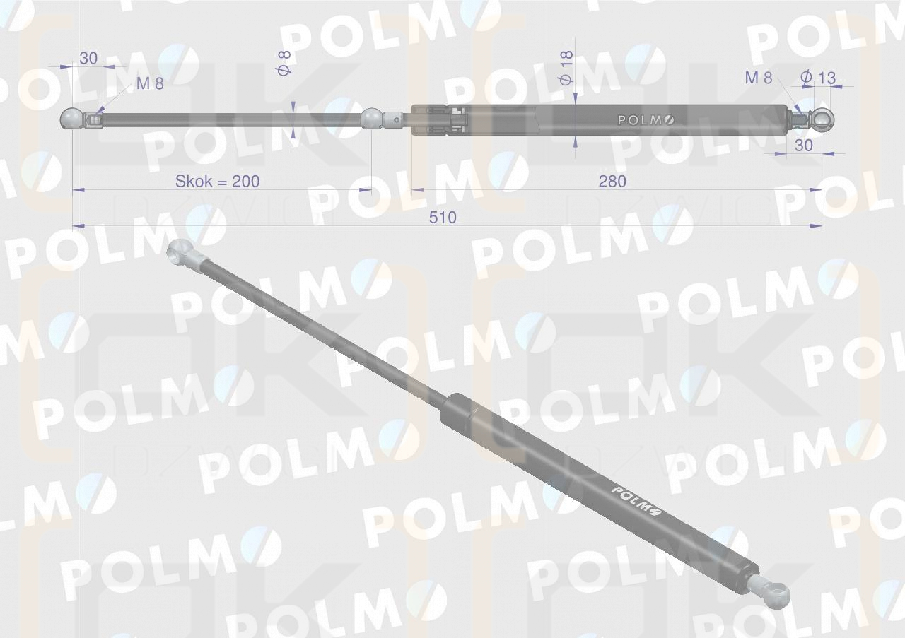 Siłownik drzwi L max. 510mm 3944271P FORD POLMO