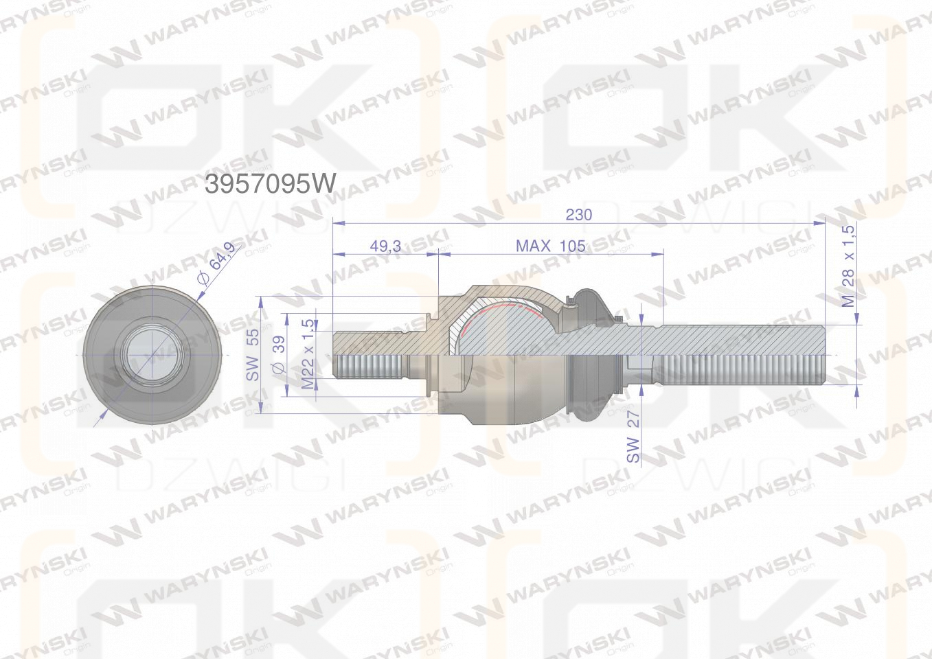 Przegub kierowniczy 230mm- M22x1.5; M28x1.5 3957095 WARYŃSKI