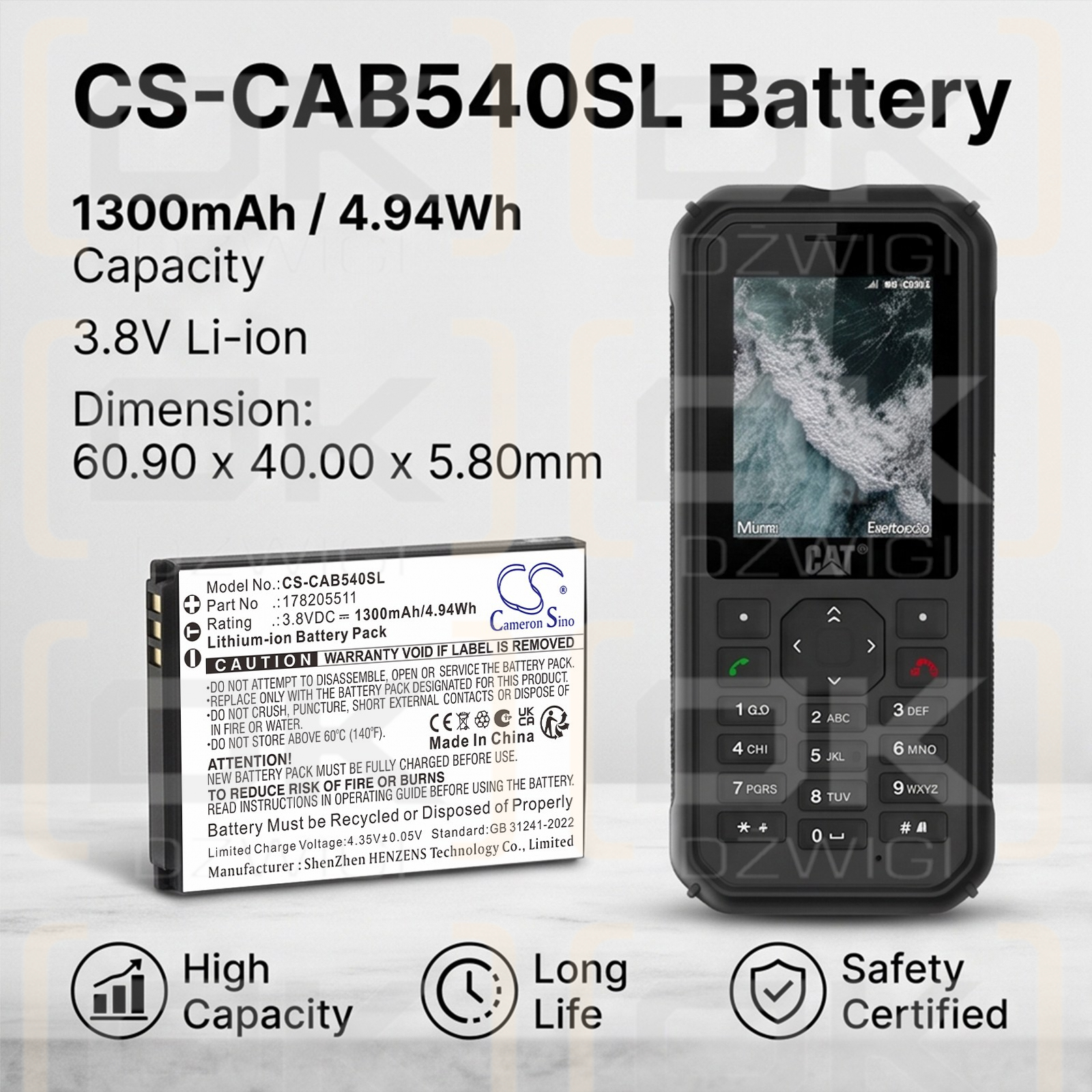 Сменный аккумулятор для CAT ZL5B40E / 178205511 1300 мАч Li-ion 3,8 В (Cameron Sino)