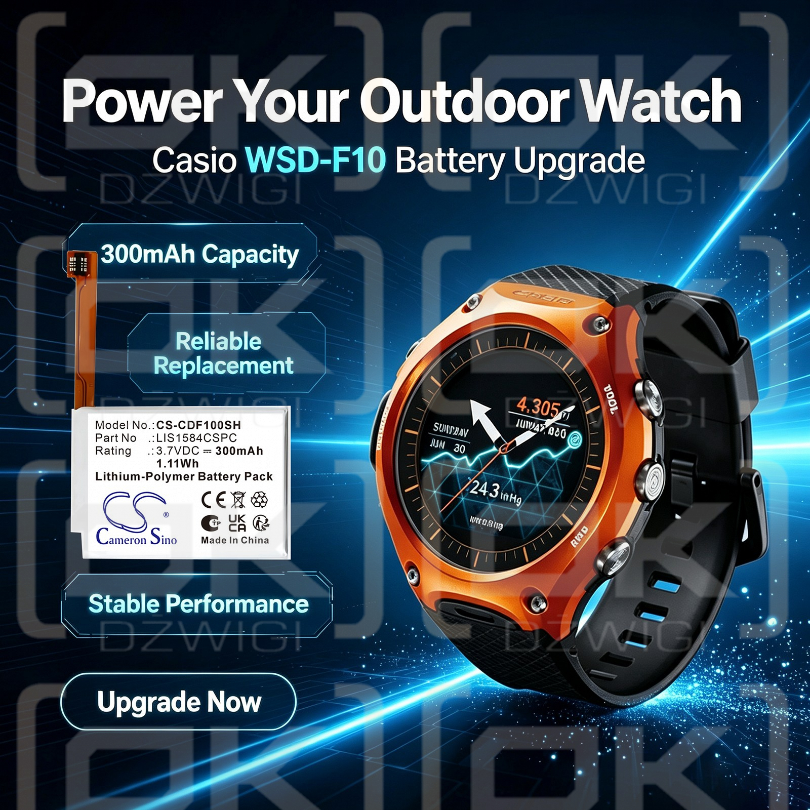Ersatzakku für Casio Smart Outdoor Watch / LIS1584CSPC 300 mAh Li-Polymer 3,7 V (Cameron Sino)