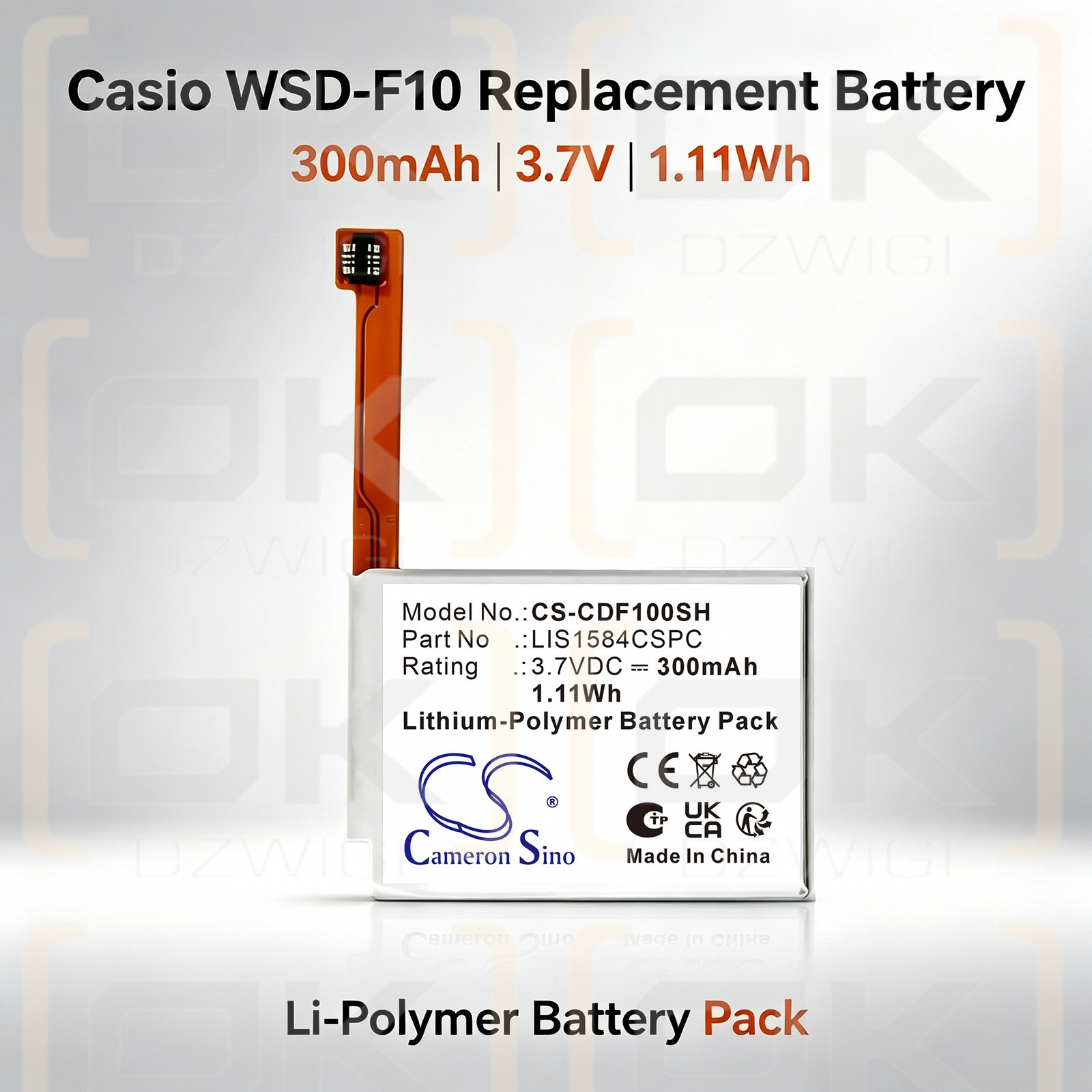 Ersatzakku für Casio Smart Outdoor Watch / LIS1584CSPC 300 mAh Li-Polymer 3,7 V (Cameron Sino)