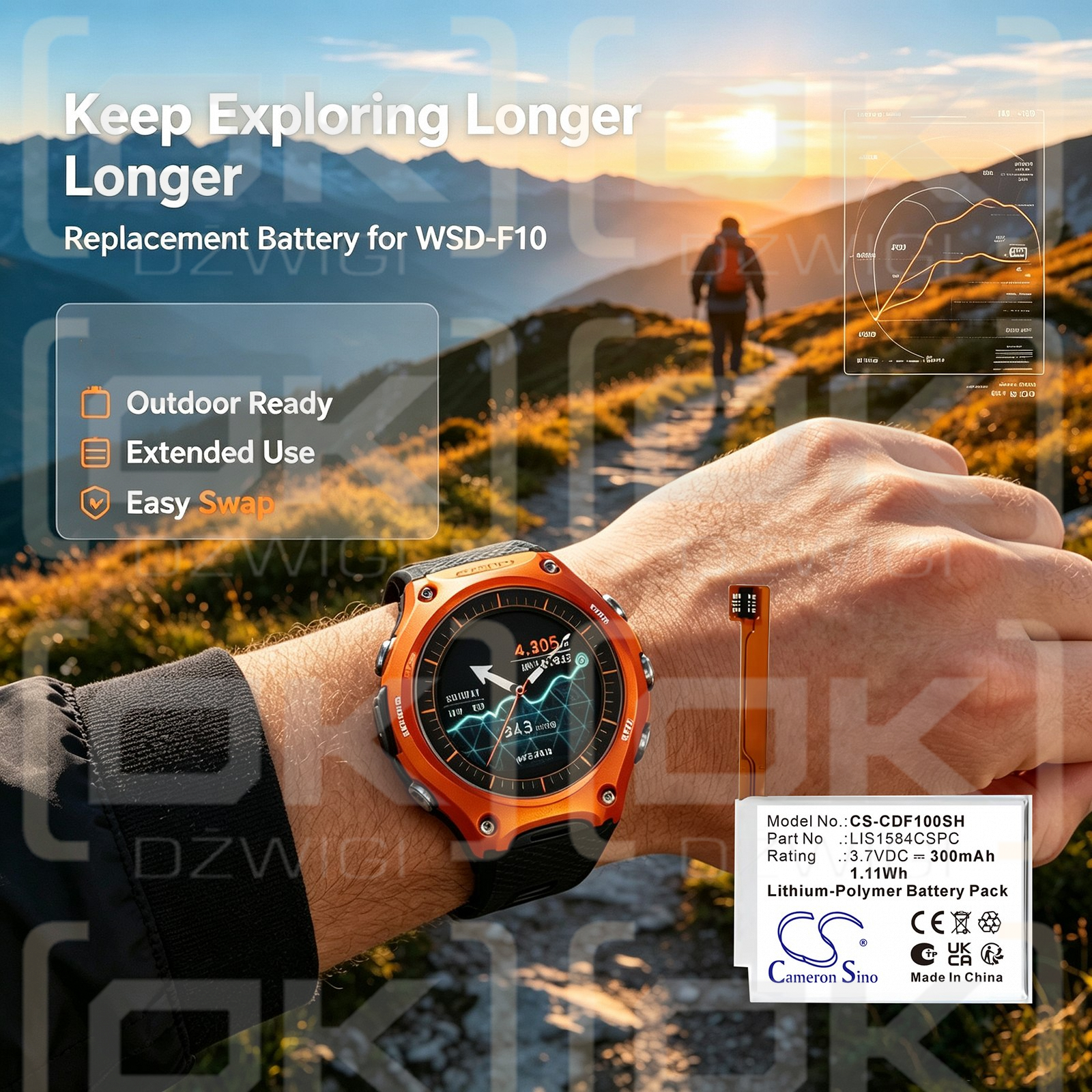 Ersatzakku für Casio Smart Outdoor Watch / LIS1584CSPC 300 mAh Li-Polymer 3,7 V (Cameron Sino)