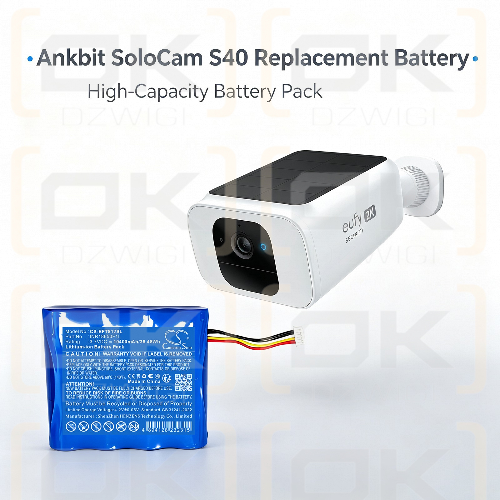 Replacement Battery for Eufy SoloCam S40 Solar / INR18650F1L 10400mAh Li-ion 3.7V (Cameron Sino)