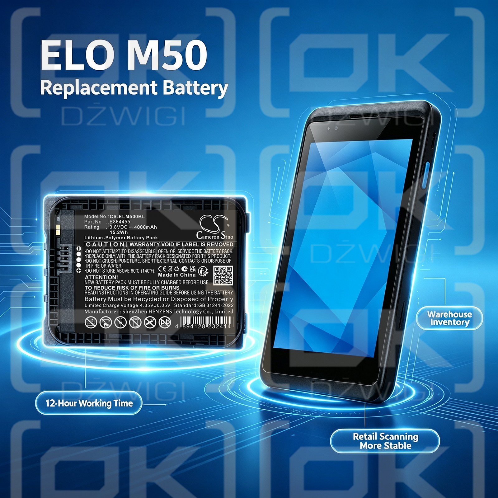 Batería de repuesto para ELO M50 / E864455, 4000 mAh, polímero de litio, 3,8 V (Cameron Sino)