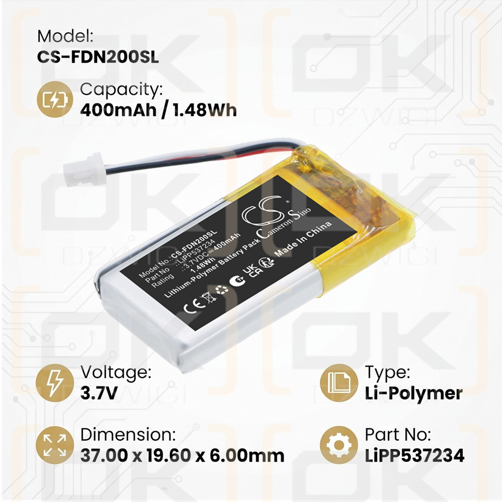 Ersatzakku für Fender F02-2311300/000 / LiPP537234 400 mAh Li-Polymer 3,7 V (Cameron Sino)