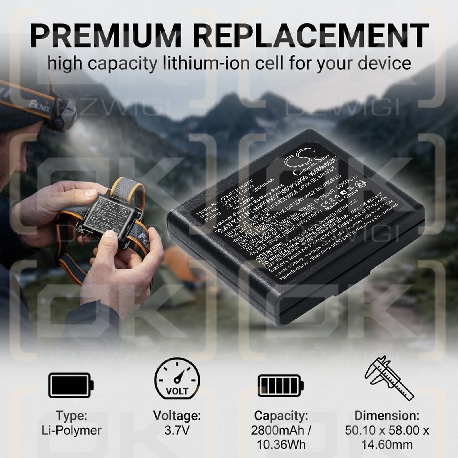 Ersatzakku für Fenix ​​HP16R / ARB-LP3000 2800 mAh Li-Polymer 3,7 V (Cameron Sino)