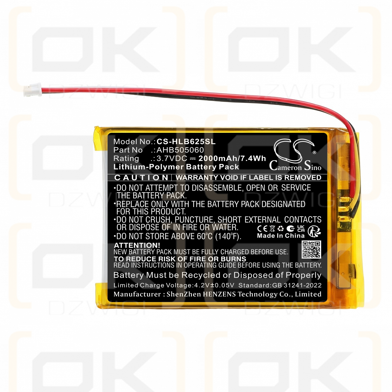 Replacement Battery for HelloBaby HB40 Baby Monitor / AHB505060 2000mAh Li-Polymer 3.7V (Cameron Sino)