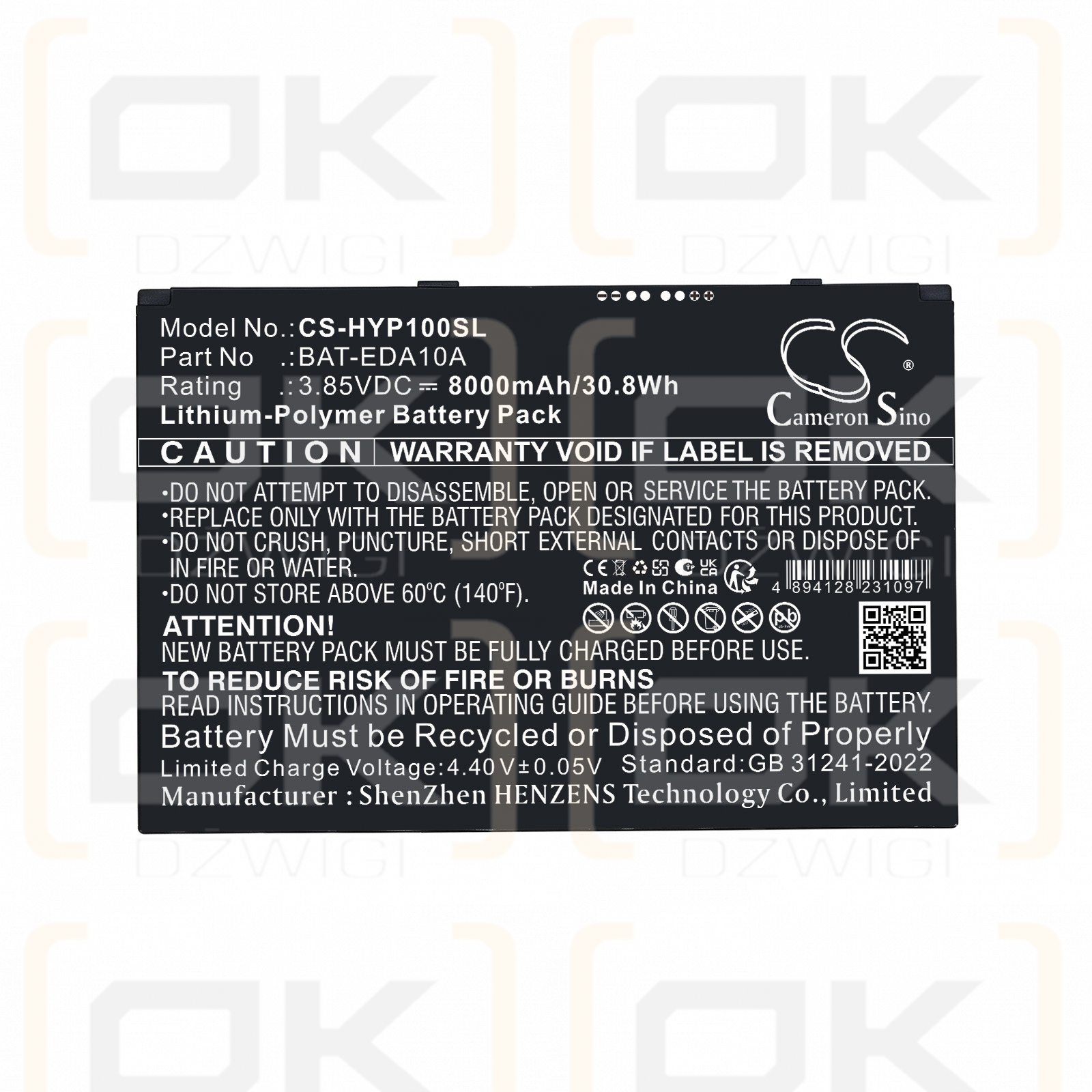 Ersatzakku für Honeywell ScanPal EDA10A / 3012-0418-001 8000 mAh Li-Polymer 3,85 V (Cameron Sino)