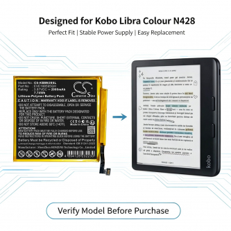 Batería de repuesto para lector electrónico a color Kobo Libra Color de 7 pulgadas / EVE188595QH, 2000 mAh, polímero de litio, 3,87 V (Cameron Sino)