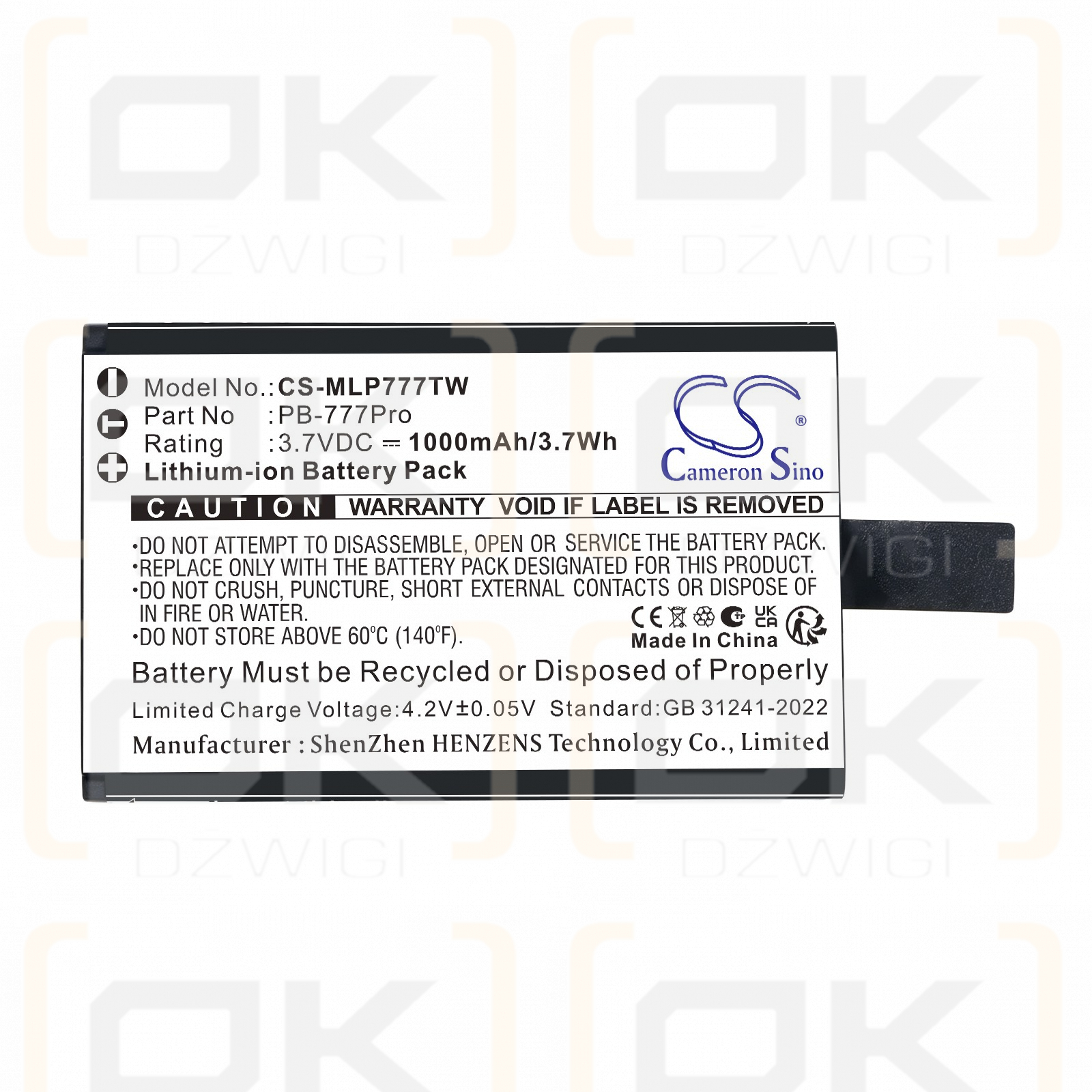 Ersatzakku für Midland 777 Pro / PB-777Pro 1000 mAh Li-Ion 3,7 V (Cameron Sino)