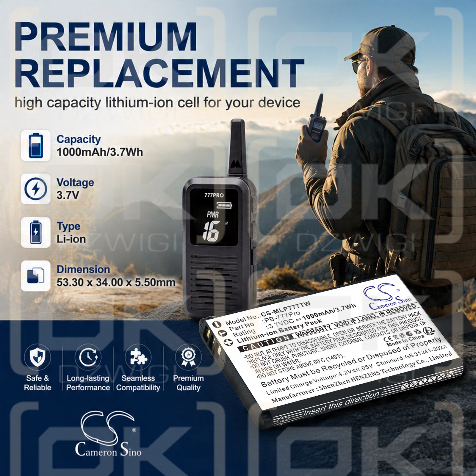Ersatzakku für Midland 777 Pro / PB-777Pro 1000 mAh Li-Ion 3,7 V (Cameron Sino)