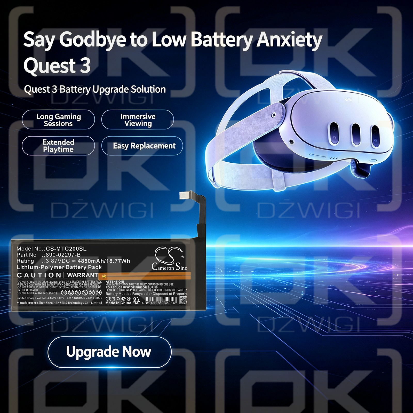 Replacement Battery for Meta Quest 3 Premium / 890-02297-B 4850 mAh Li-Polymer 3.87 V (Cameron Sino)