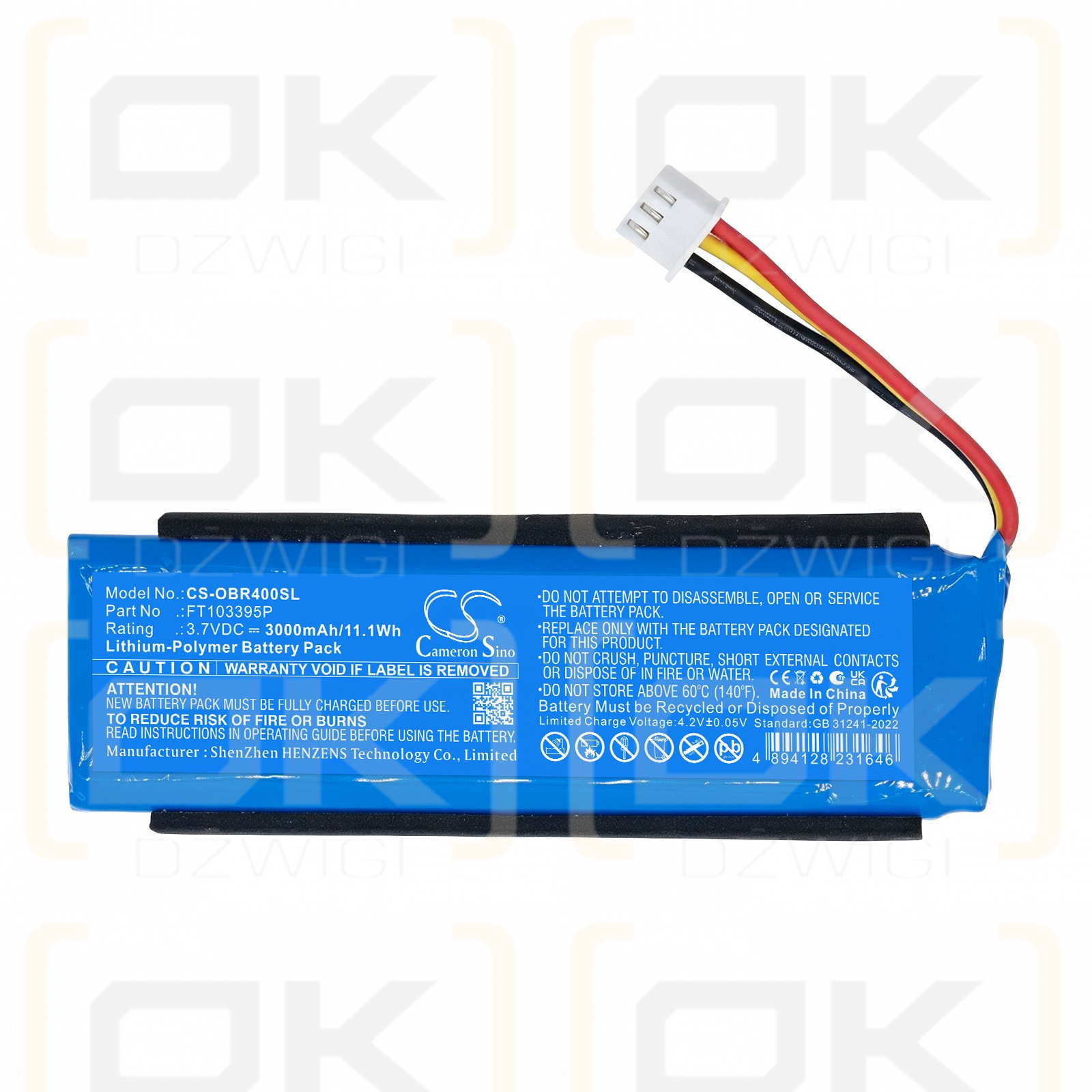 Replacement Battery for Orbit Reader 40 / FT103395P 3000 mAh Li-Polymer 3.7 V (Cameron Sino)