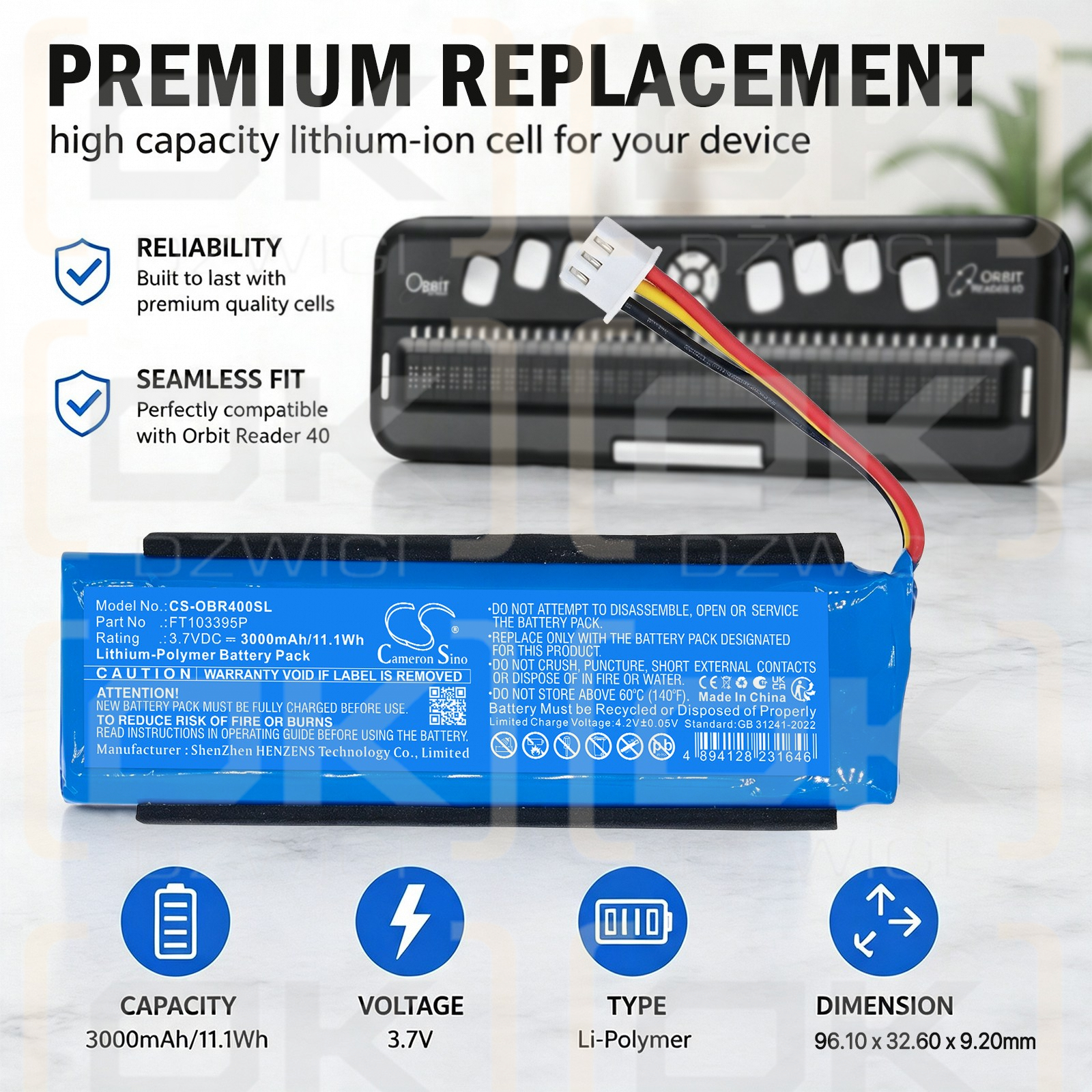 Replacement Battery for Orbit Reader 40 / FT103395P 3000 mAh Li-Polymer 3.7 V (Cameron Sino)