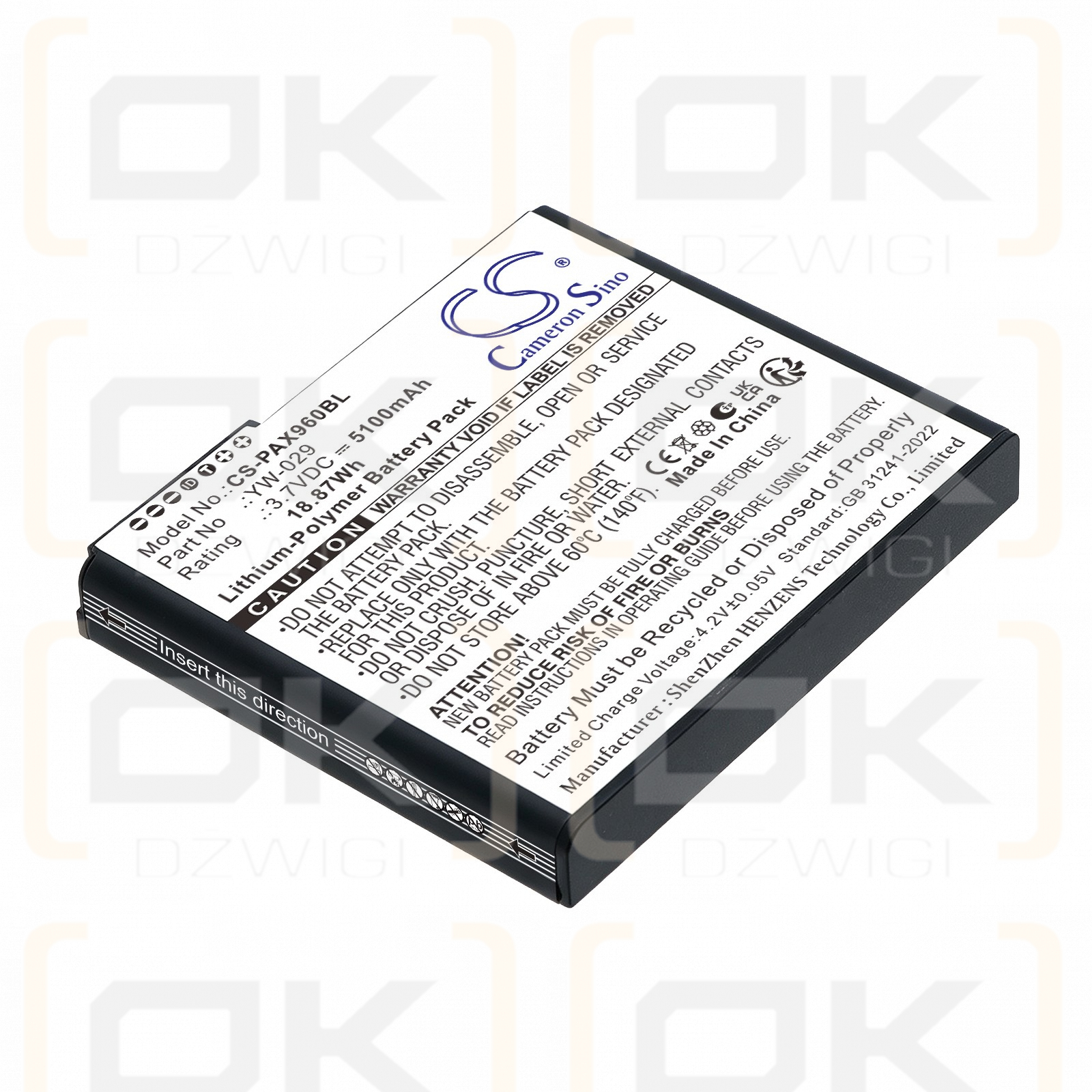 Batería de repuesto para PAX A960 / YW-029, 5100 mAh, polímero de litio, 3,7 V (Cameron Sino)