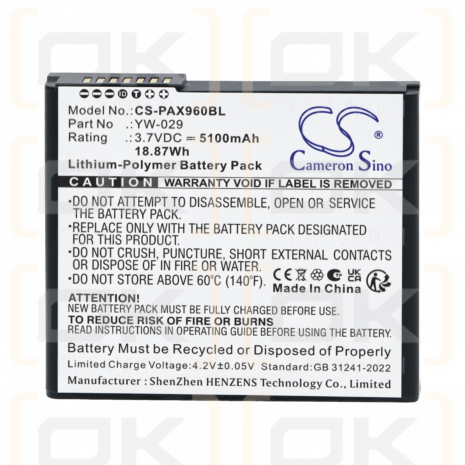 Batería de repuesto para PAX A960 / YW-029, 5100 mAh, polímero de litio, 3,7 V (Cameron Sino)