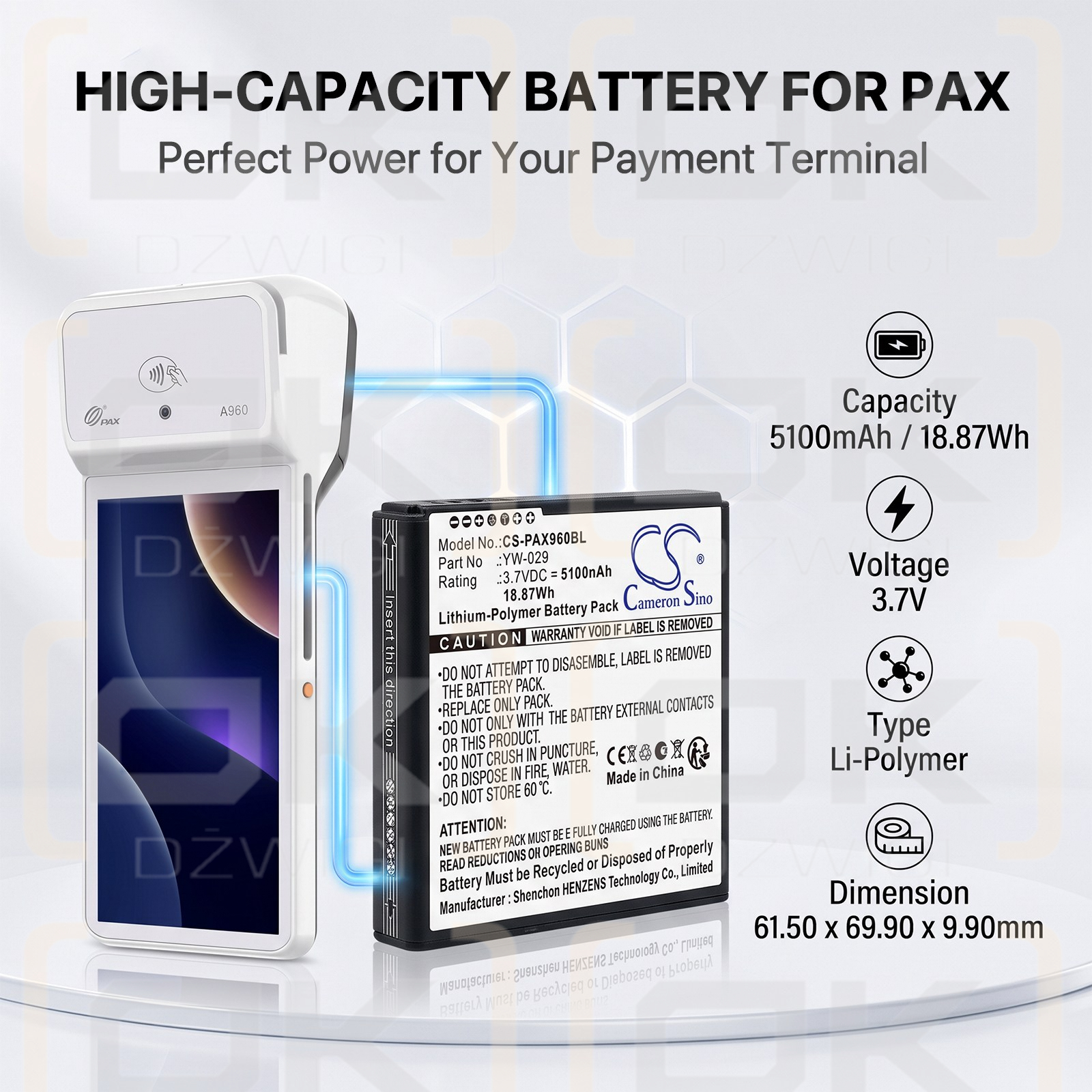 Batería de repuesto para PAX A960 / YW-029, 5100 mAh, polímero de litio, 3,7 V (Cameron Sino)