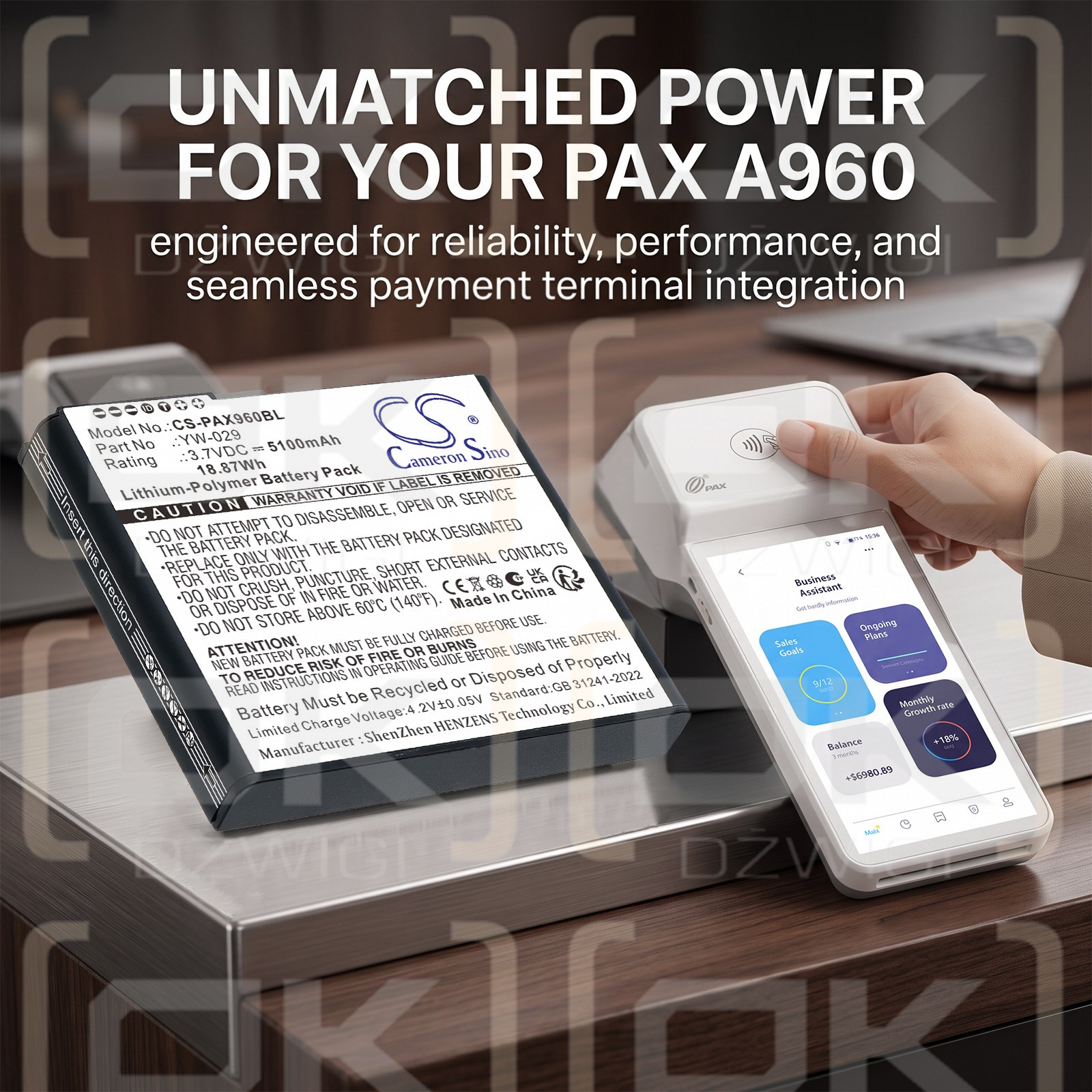 Batería de repuesto para PAX A960 / YW-029, 5100 mAh, polímero de litio, 3,7 V (Cameron Sino)